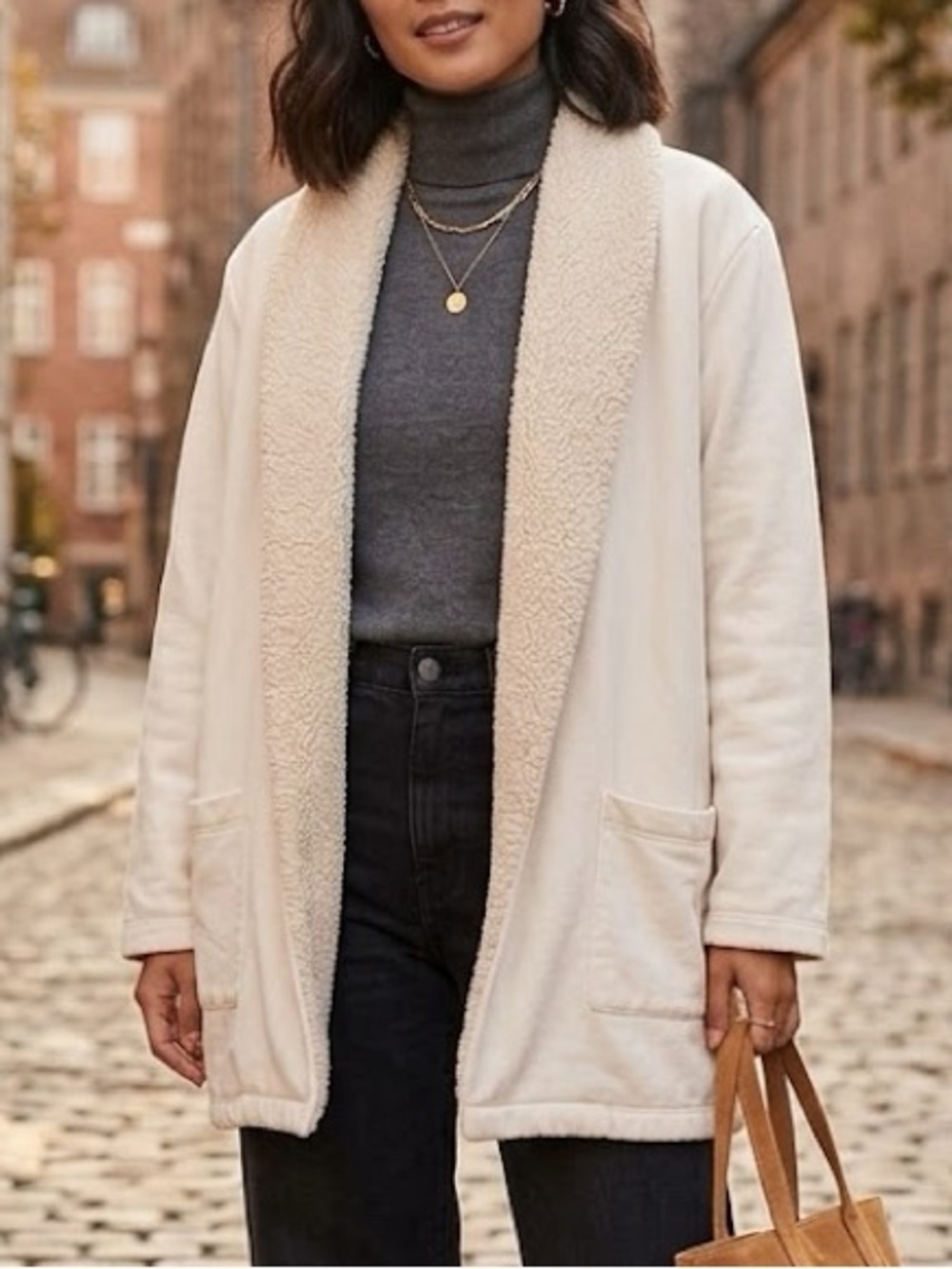 Eddie Bauer Cream Sherpa Lined Jacket Open Cardigan, Women’s Size XL extra large